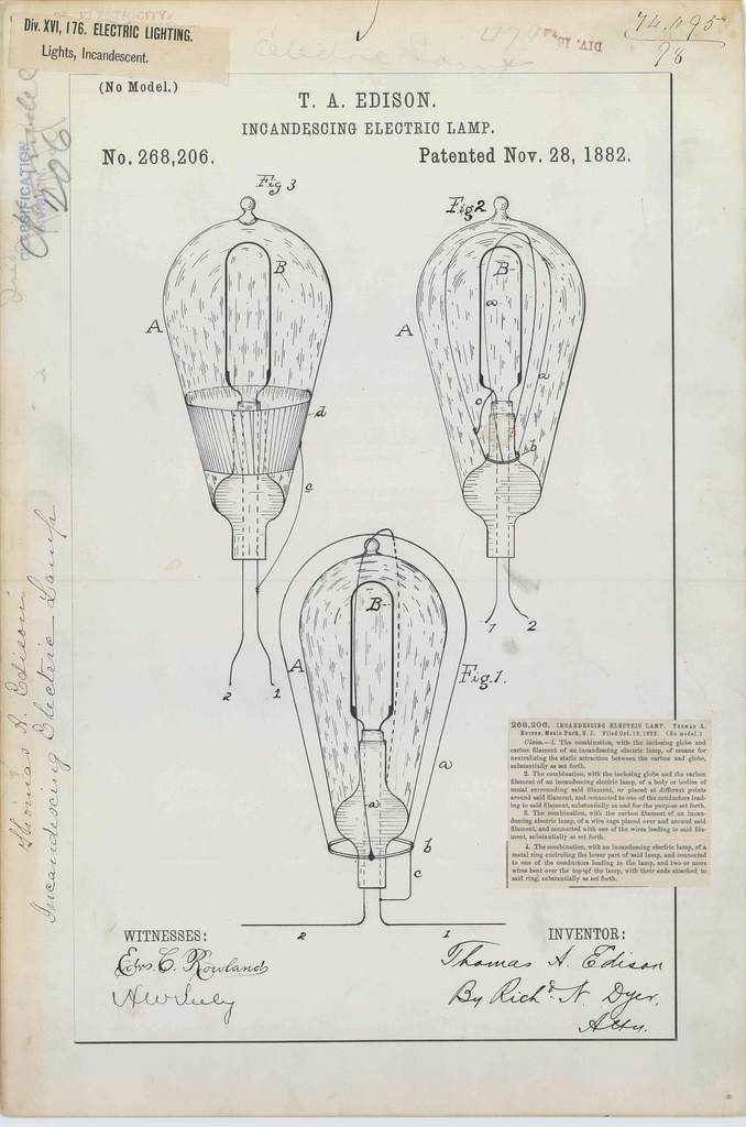 Historic patent drawing of Thomas Edison's incandescent electric lamp